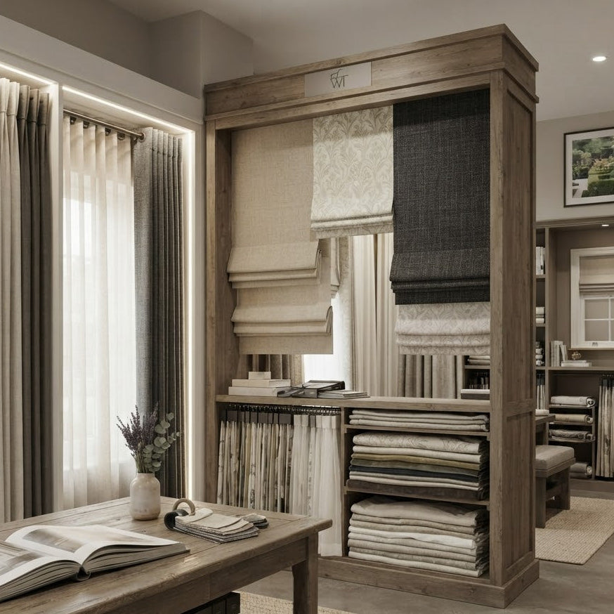 A large wooden display cabinet filled with folded fabric samples and hanging textile swatches in a warm, neutral-toned home office or showroom. A wooden desk with an open book and vase sits in the foreground, and additional curtains, rugs, and framed wall art are visible in the room.